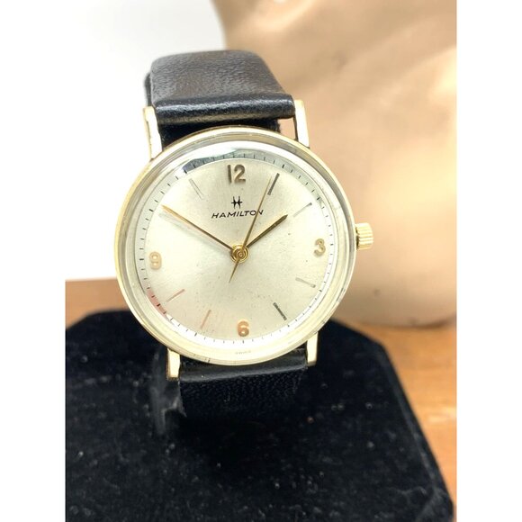 Hamilton Men's Watch Vintage Swiss Hand Wind 10k R.G.P Case Black Leather 32mm - Picture 12 of 13